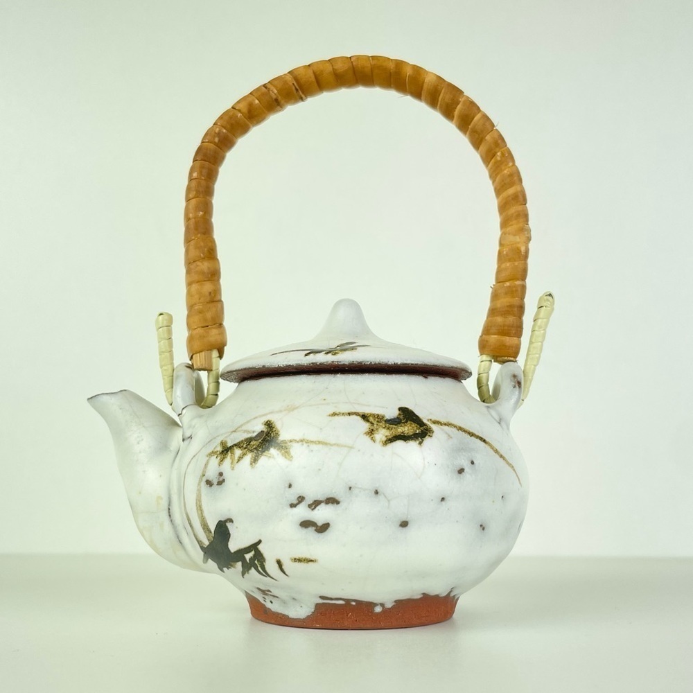Handmade Miniature Stonewear Teapot Shoji Hamada Style Bamboo Handle Lidded Bird